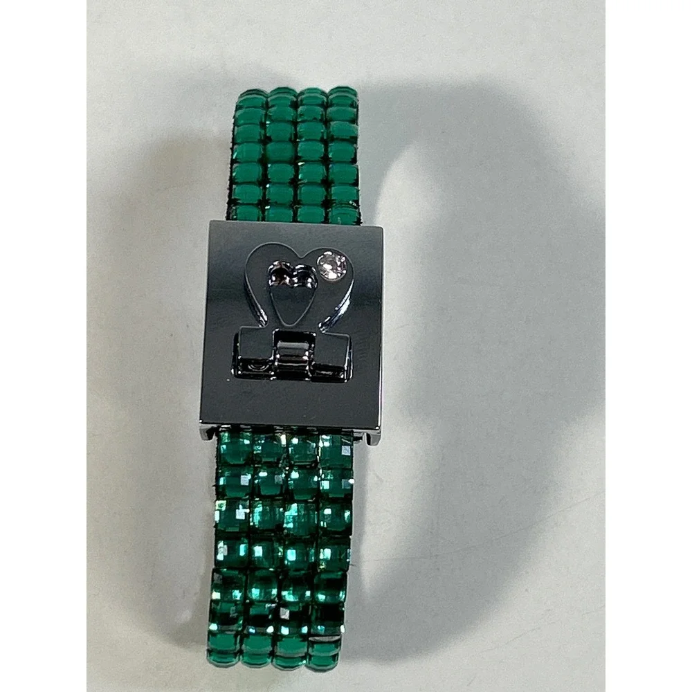 Emerald Green Rhinestone Wrap Bracelet Silver Tone‎ Heart Clasp 4 Row Sparkling